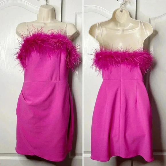 NWT‎ ELLIATT Paulina Pink Mini Dress Size Medium Feather Trim - Picture 6 of 10